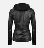 black leather jacket with removable hood for women

