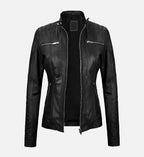black leather jacket with removable hood for women
