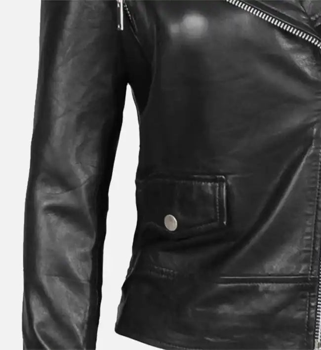 womens black leather asymmetrical biker jacket

