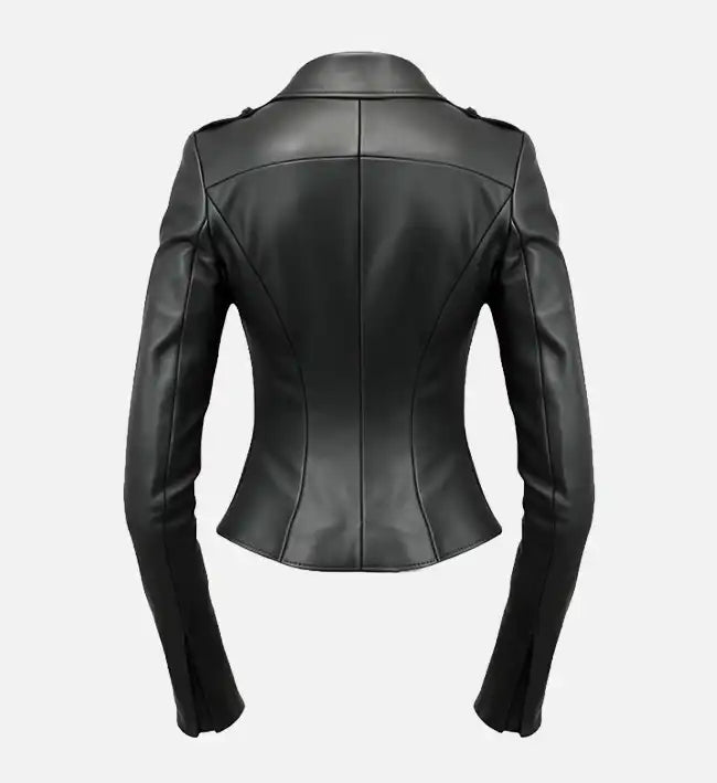 womens leather asymmetrical black jacket
