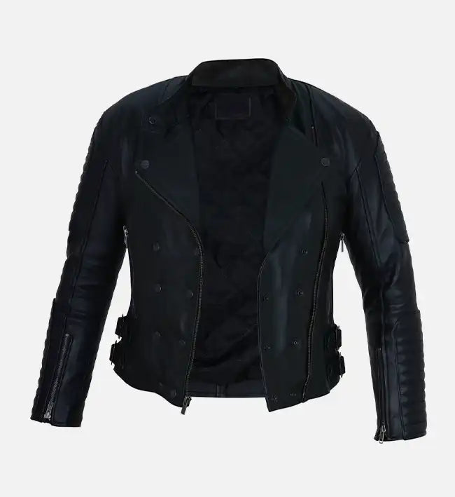 womens double breasted leather black jacket
