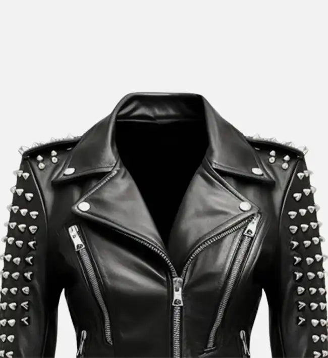 womens black leather jacket stud biker
