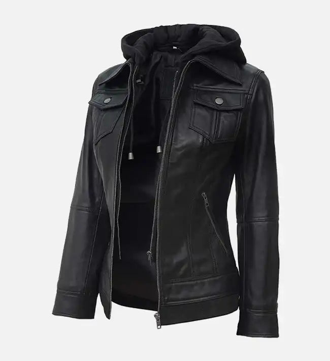 black leather jacket for women with hood
