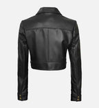 womens trucker black cropped leather jacket
