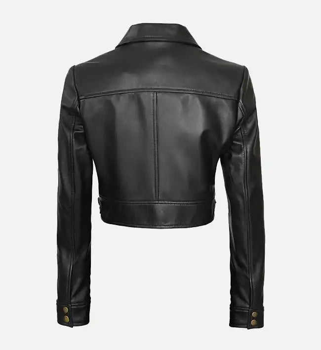 womens trucker black cropped leather jacket
