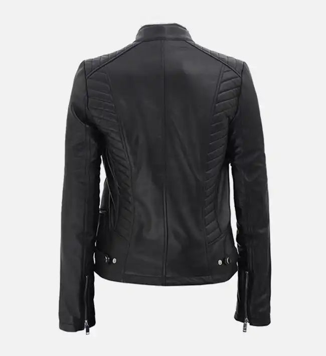 womens leather black quilted jacket
