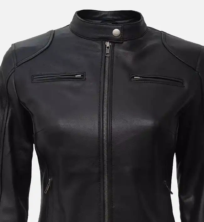 womens black real leather cafe racer jacket
