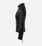 womens black short quilted shoulder leather jacket

