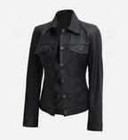 womens black trucker leather jacket
