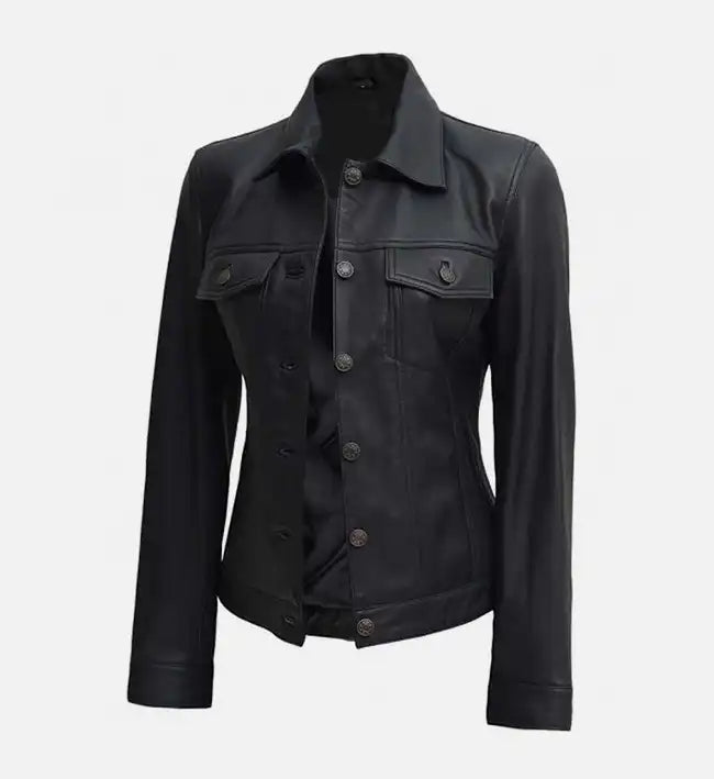 womens black trucker leather jacket
