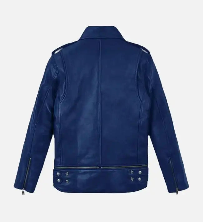 blue biker runway leather jacket for women
