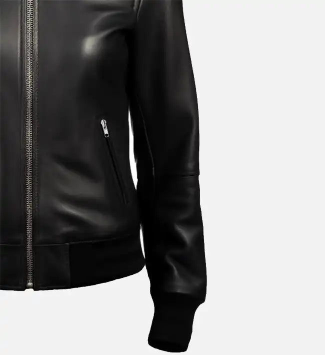 womens black leather bomber jacket
