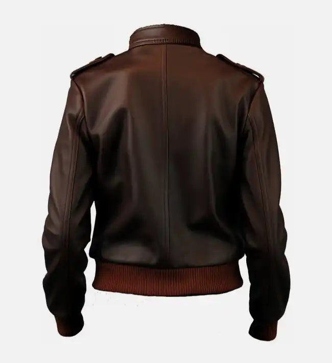 womens brown leather bomber jacket

