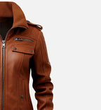 womens bomber jacket brown with strap pocket

