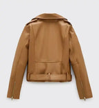 womens brown belted leather jacket

