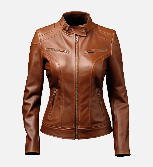 womens brown cafe racer leather jacket