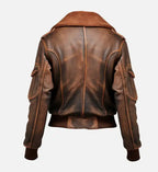 womens brown distressed leather bomber jacket
