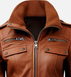 womens brown jacket with strap pocket bomber
