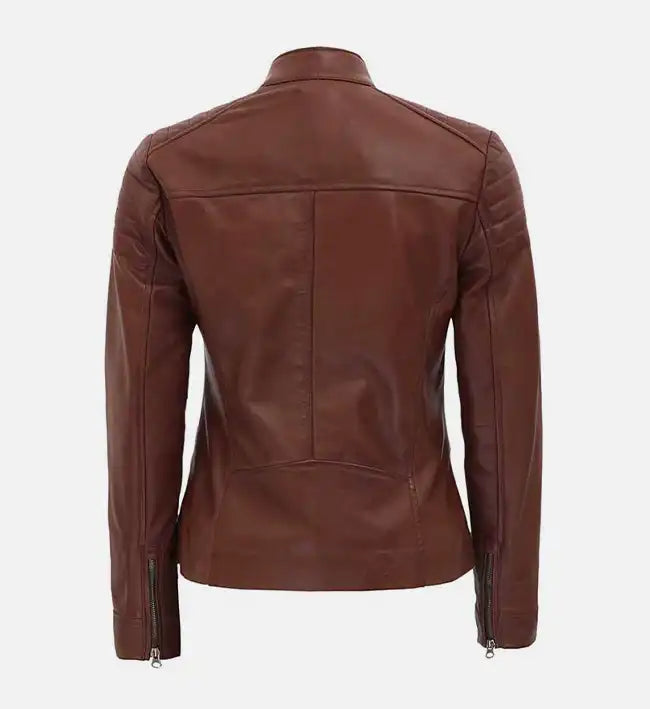 womens brown leather quilted biker jacket
