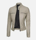 womens cafe racer beige leather jacket
