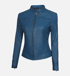 blue biker cafe racer jacket for women
