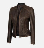 dark brown cafe racer rub off leather jacket for women
