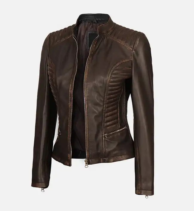 dark brown cafe racer rub off leather jacket for women
