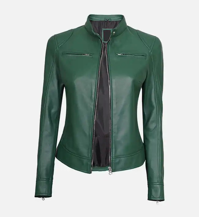 womens green cafe racer leather jacket

