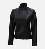 womens cafe racer flap closure black leather jacket
