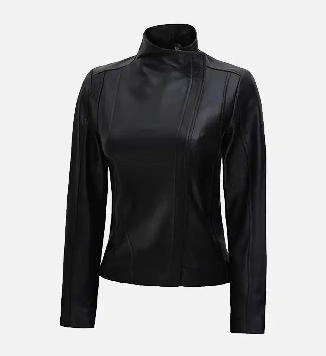 womens cafe racer flap closure black leather jacket
