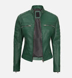 womens green leather cafe racer jacket

