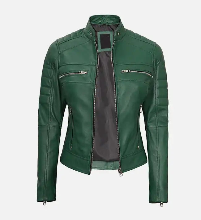 womens green leather cafe racer jacket
