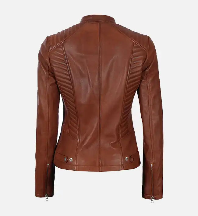 womens cafe racer leather cognac jacket
