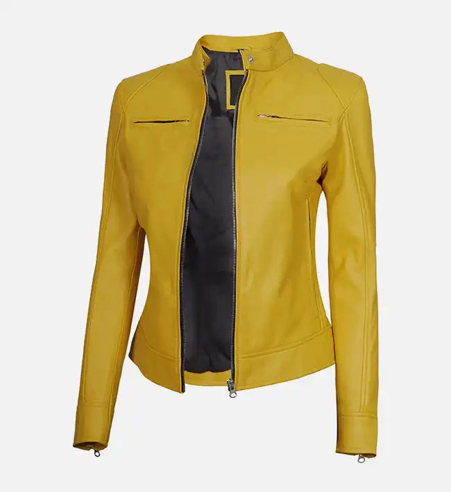 womens cafe racer leather jacket yellow
