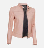 womens cafe racer light pink motorcycle leather jacket
