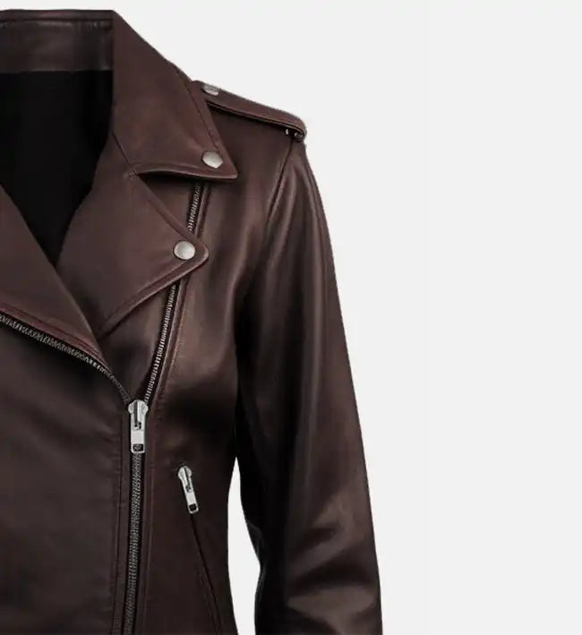 womens dark brown biker leather jacket
