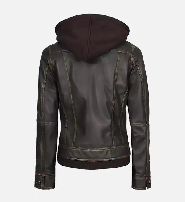 dark brown leather leather jacket with hood for women
