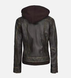 dark brown leather leather jacket with hood for women
