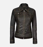 dark brown leather jacket for women with hood
