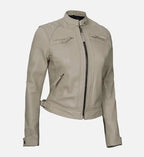 womens diamond beige cafe racer leather jacket
