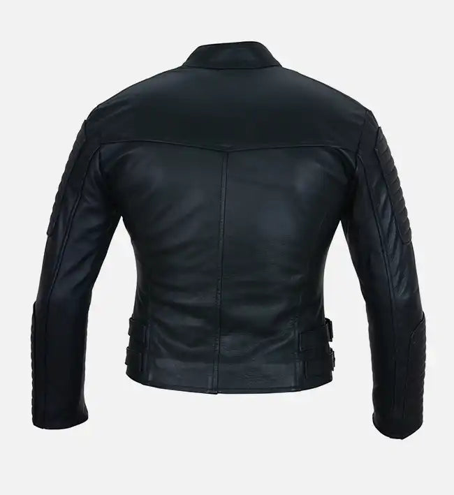 womens black leather double breasted jacket

