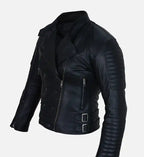 womens leather double breasted black jacket
