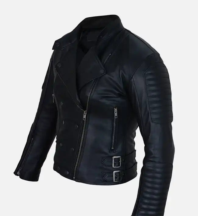 womens leather double breasted black jacket
