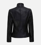 womens flap closure black cafe racer leather jacket
