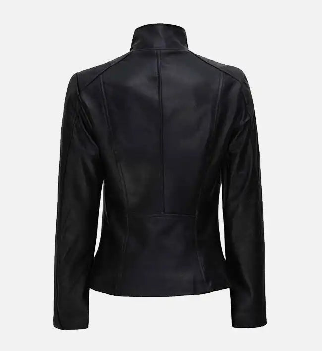 womens flap closure black cafe racer leather jacket
