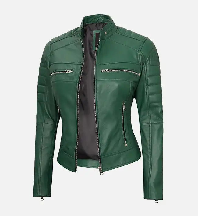 green cafe racer leather jacket for womens
