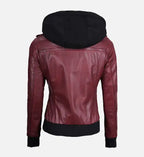 maroon bomber leather jacket with hood for women
