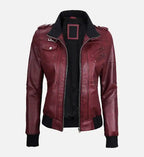 maroon bomber leather jacket with hood for women
