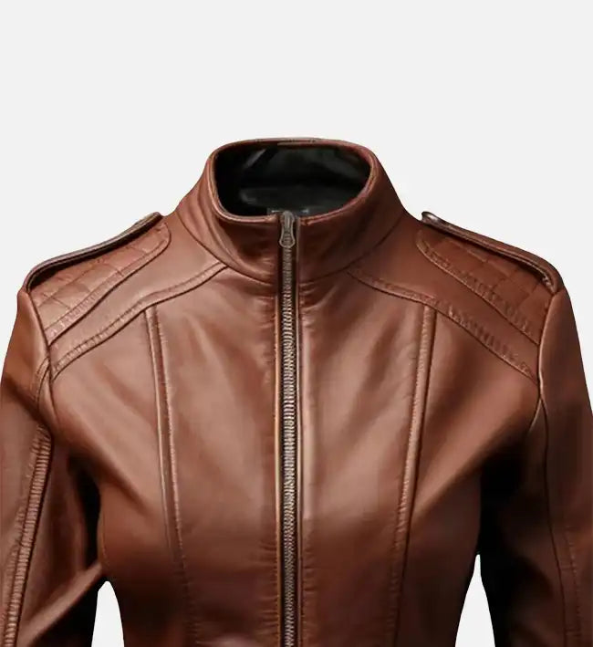 womens leather bike style brown jacket
