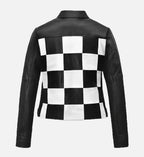 womens leather biker jacket in black white
